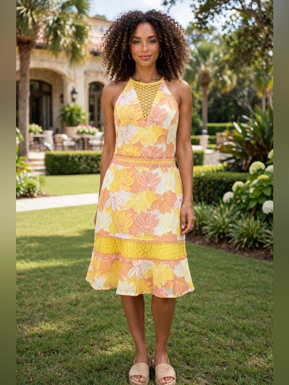 Adelyn Rae - Sunshine Floral Halter Dress - Yellow & Peach